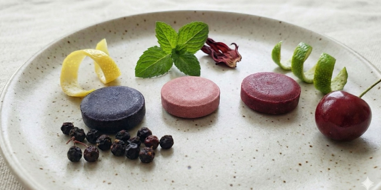 Three 3AM Rescue lozenges on a plate with their botanicals: elderberry, hibiscus mint, and tart cherry