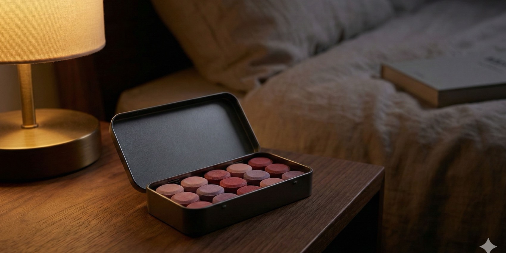 An open tin of 3AM Rescue lozenges on a nightstand beside a warm lamp